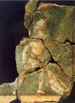 Fragment of painted wall plaster from Balkerne Lane, Colchester showing a gladiator (a murmillo in this case) having been defeated and dropped his shield. From Junkelmann, M. (2000) 'Das Spiel mit dem Tod - So kmpften Roms Gladiatoren' Philipp von Zabern: Mainz