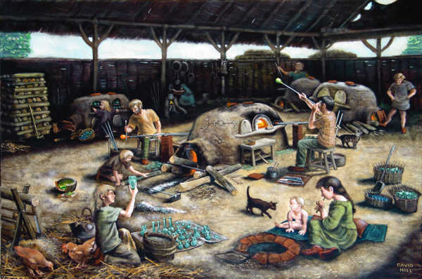 An informed painting of a Roman glassblowing workshop by David Hill.